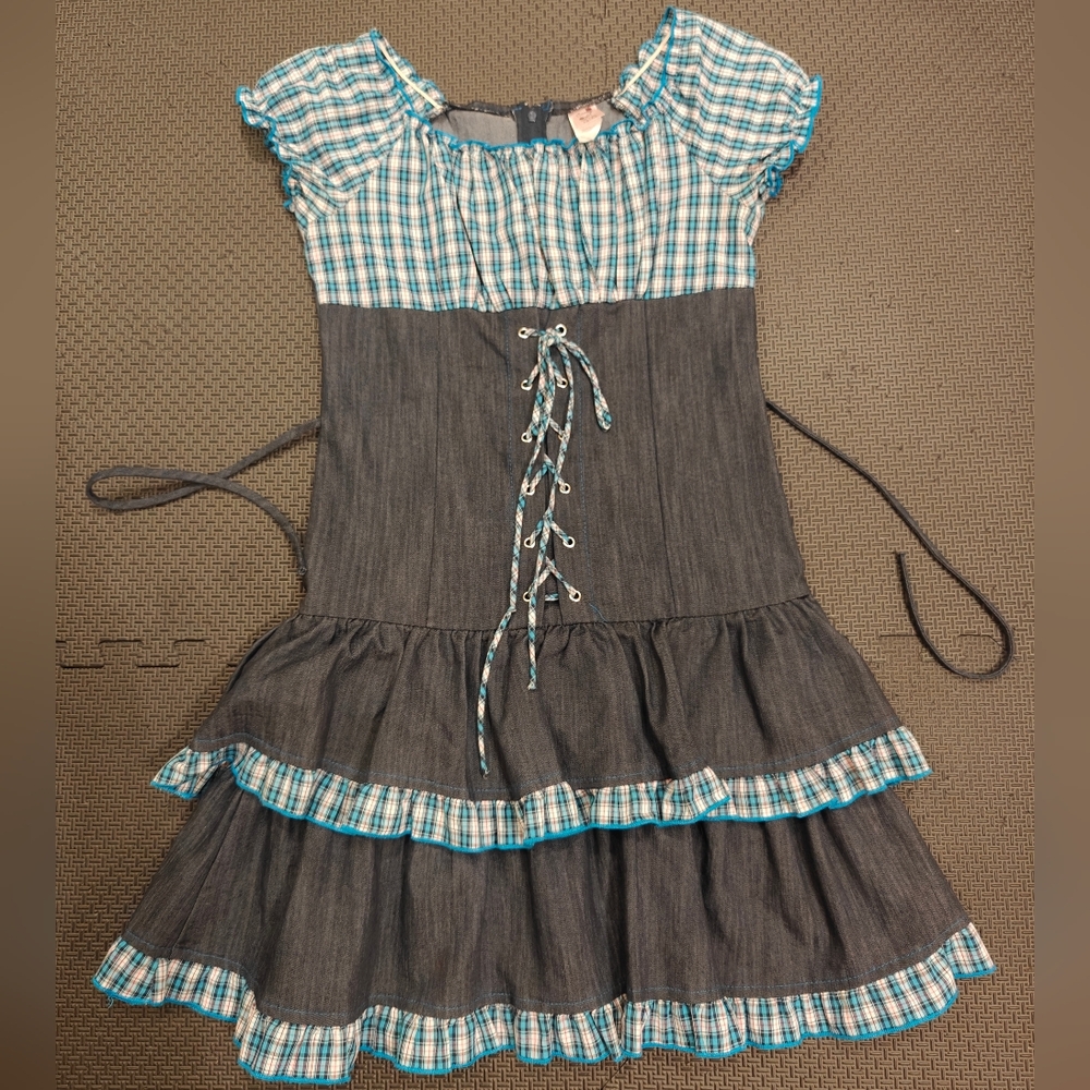Plaid Denim Cute Frilled  Dress XS